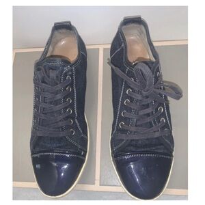🦋🎯 AGL Sneakers Denim Blue Patent Cap Tie Leather Shoes Lace Up 37 Made Italy